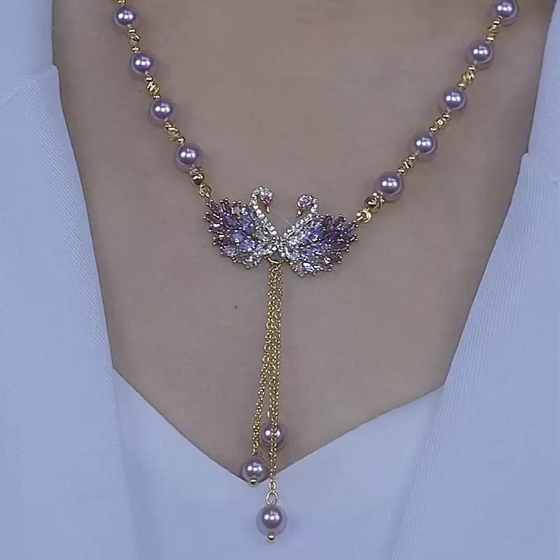 Luxury Purple Swan Pendant Necklace - Chic Minimalist Crystal Sparkling Jewelry | Perfect for Cheongsam Dress