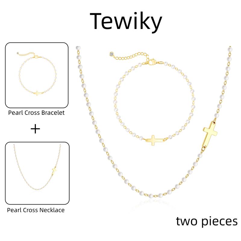 Tewiky Simple Dainty Cross Choker - Pearl Pendant 2" Extension Chain | Black Friday Christmas Gift