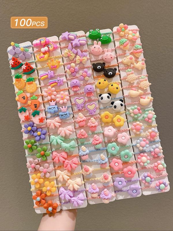 60-100 Pcs Random Color Cartoon Hair Ties - Cute Animal & Fruity Designs, Fashion Set for Women & Girls