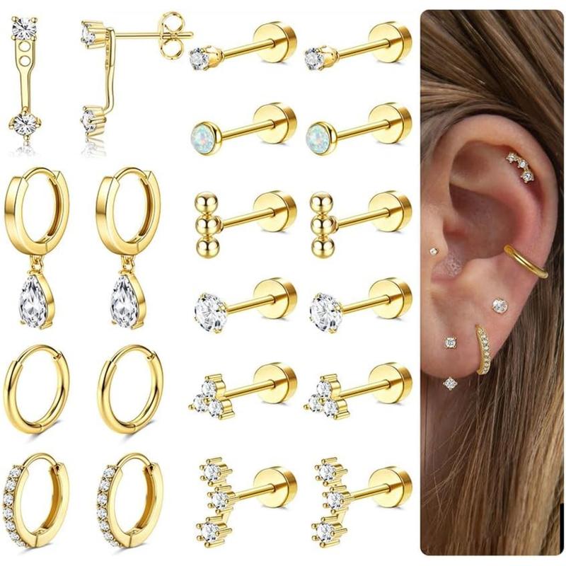 Hypoallergenic Flat Back Earrings Set - 20G Surgical Steel Gold Cartilage Studs for Multi Piercing Stackable
