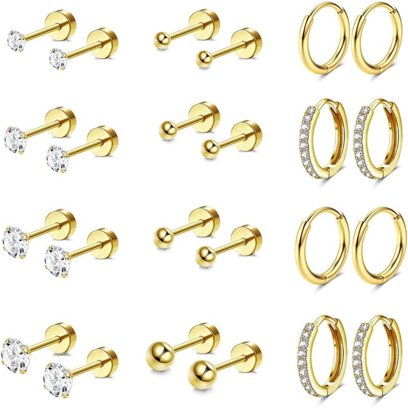 Unisex Multi Piercing Cartilage Studs - 14K Gold Plated Hypoallergenic Medical Steel