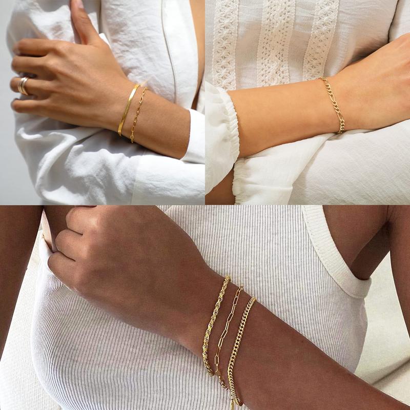 Tewiky Women's Bracelet Set - Thin Stackable Cuban Link & Paperclip Chain | Maximalist Gift