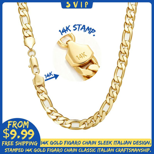 14K Gold-Plated Italian Figaro Chain Necklace – 24" Cuban Link (2mm/10mm) | Tarnish-Free Streetwear Jewelry for Him