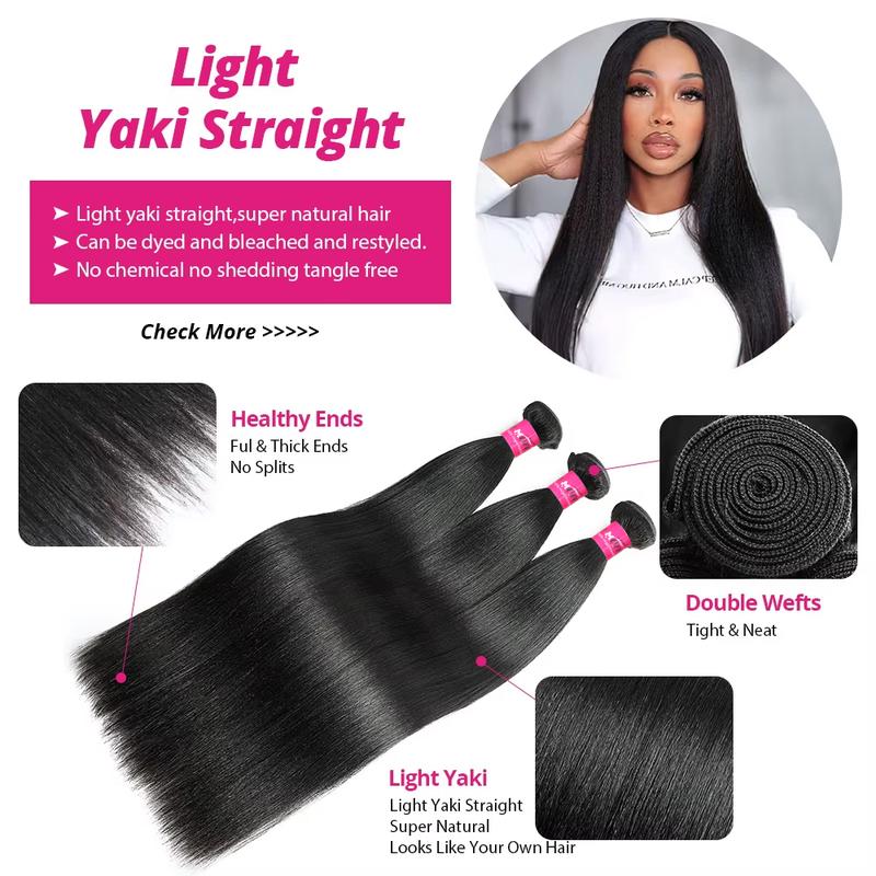 Light Yaki Straight Virgin Human Hair Bundles - Natural Color Quick Weave Extensions (1/3/4 Bundles, Black Friday)