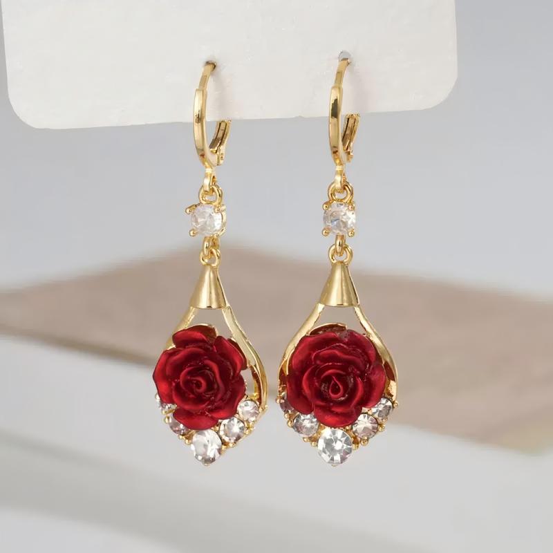 14K Gold Plated Rose Teardrop Earrings - Women’s Sparkling Crystal Tassels