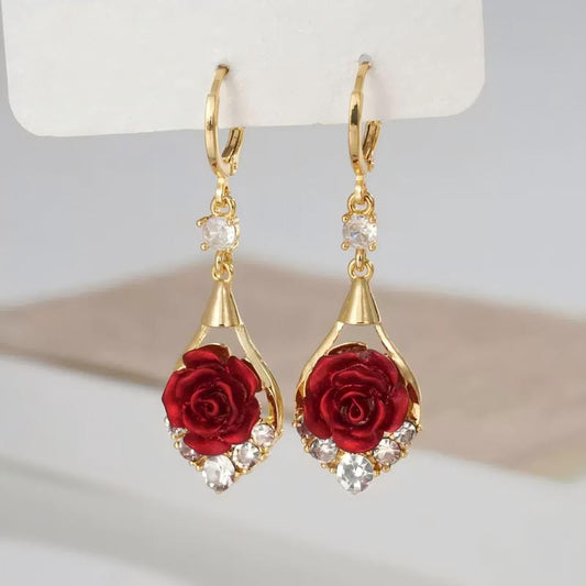 14K Gold Plated Rose Teardrop Earrings - Women’s Sparkling Crystal Tassels