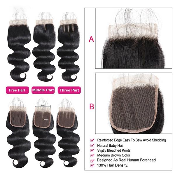 FallFreshness Body Wave Human Hair Bundles + 4x4 Lace Closure - Free Part Quick Weave 2x6 Option