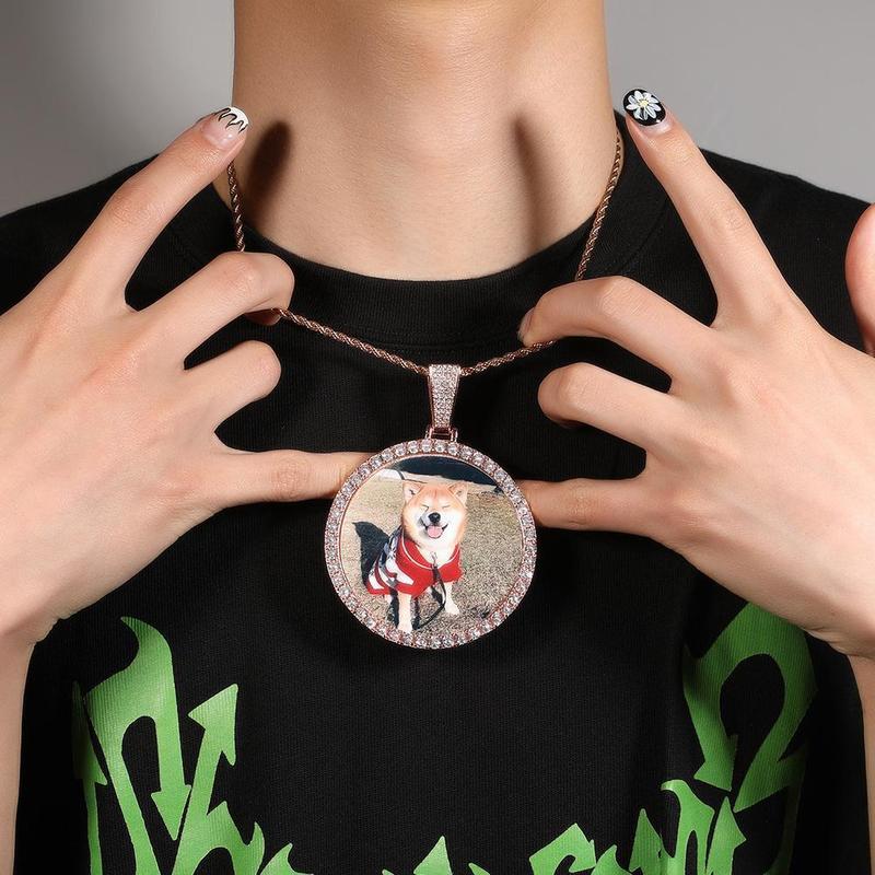 [ICE HUE]18K Gold Vacuum Plated Copper with 5A+ Sri Lanka Zircon DIY Custom Memory Round Colorful Photo Pendant With Necklace Miami Italy Mexico & Micro Inspired for Women & Men Jewelry,Daily