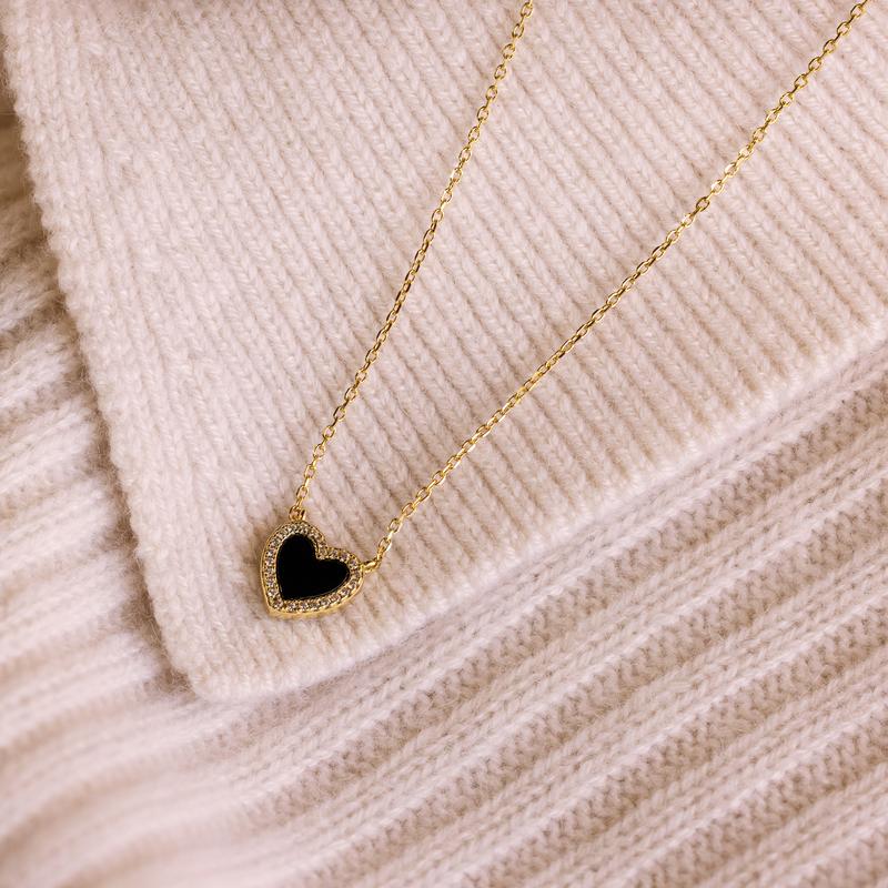 Caitlyn Minimalist Dainty Puff Heart Necklace - 18K Gold Plated Pave Black CZ | Girlfriend Gift