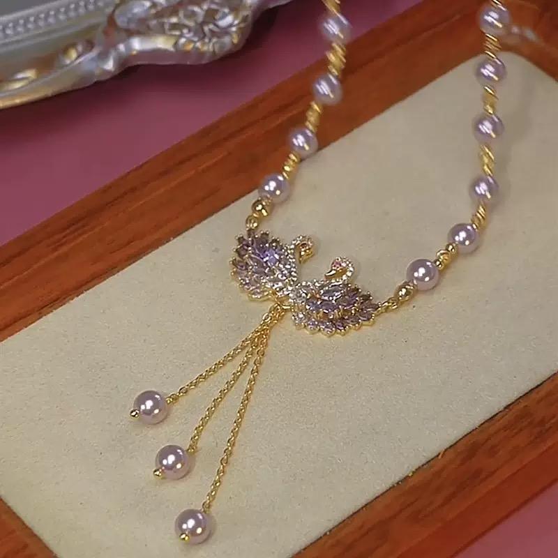 Luxury Purple Swan Pendant Necklace - Chic Minimalist Crystal Sparkling Jewelry | Perfect for Cheongsam Dress