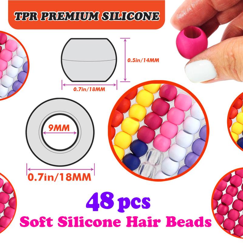 48 PCS 18mm Large Silicone Hair Beads - Premium Soft Rubber, Noiseless Painless Stylish Braiding