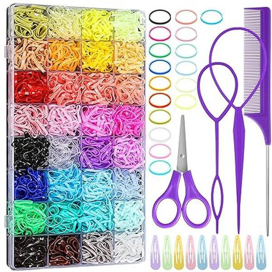32 Colorful Elastic Hair Rubber Bands (1700 Pcs) +14 Styling Tools - Toddlers & Girls