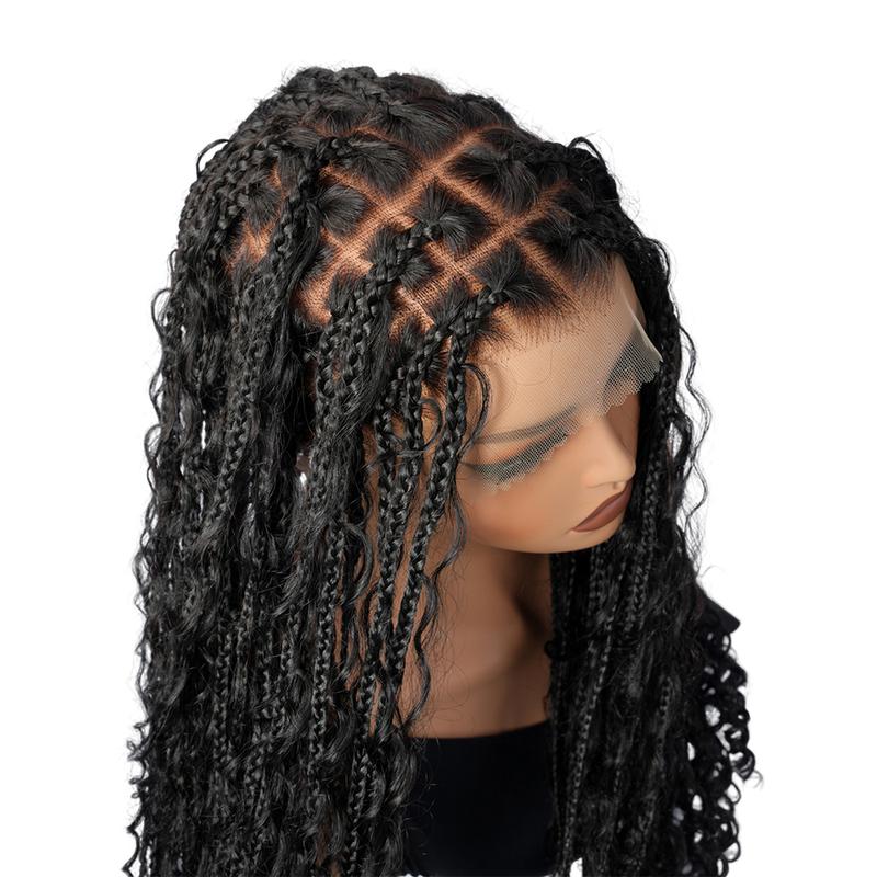 SuperNova Glueless Full Lace Human Hair Wig - Short Natural Black Bohemian Curl Braid Pre-Cut