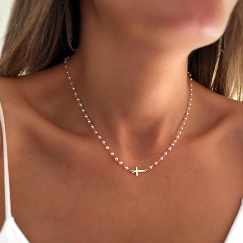 Tewiky Simple Dainty Cross Choker - Pearl Pendant 2" Extension Chain | Black Friday Christmas Gift