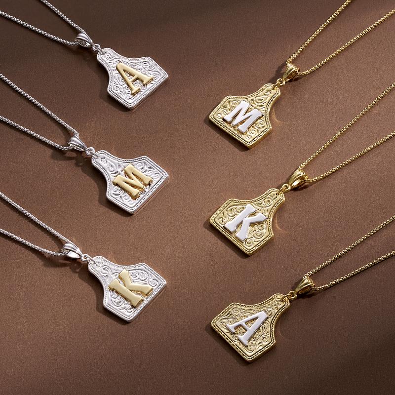 KissYan Cow Tag Initial Necklace - Handmade Two-Toned Gold Silver 20" Adjustable Chain TikTokShopBlackFriday