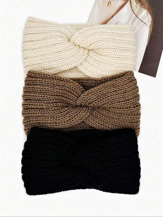 Winter Fashion Elastic Knit Headband - Solid Color with Cute Knot & Snug Fit