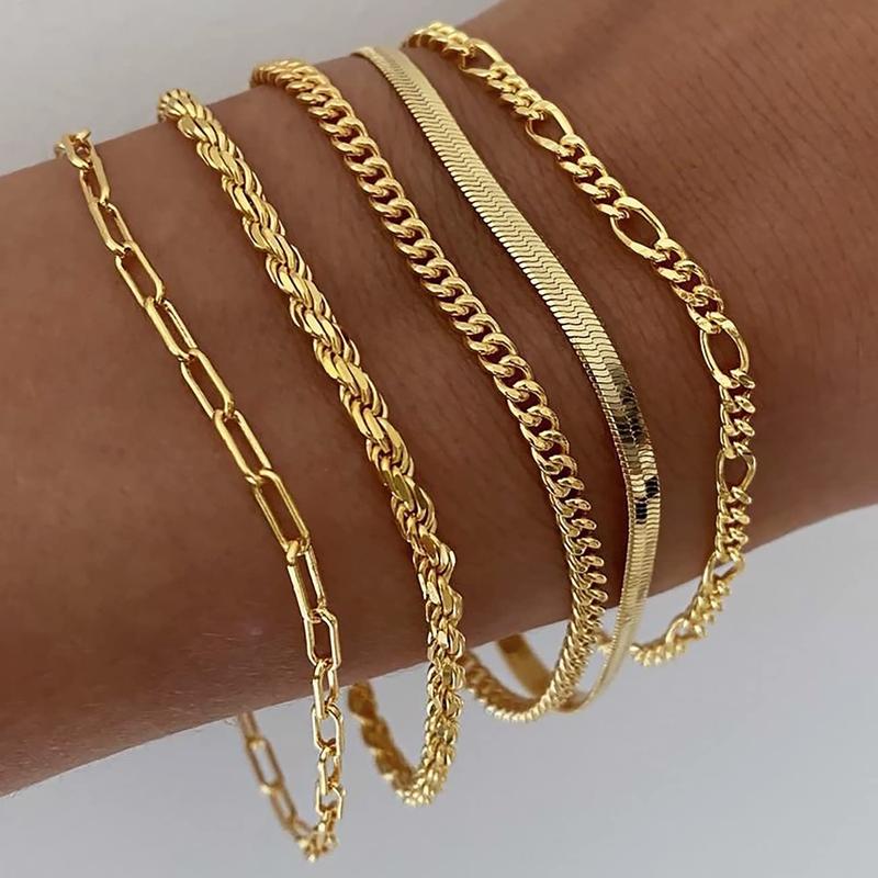 Tewiky Women's Bracelet Set - Thin Stackable Cuban Link & Paperclip Chain | Maximalist Gift