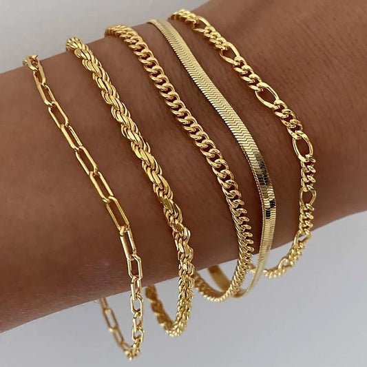 Tewiky Women's Bracelet Set - Thin Stackable Cuban Link & Paperclip Chain | Maximalist Gift