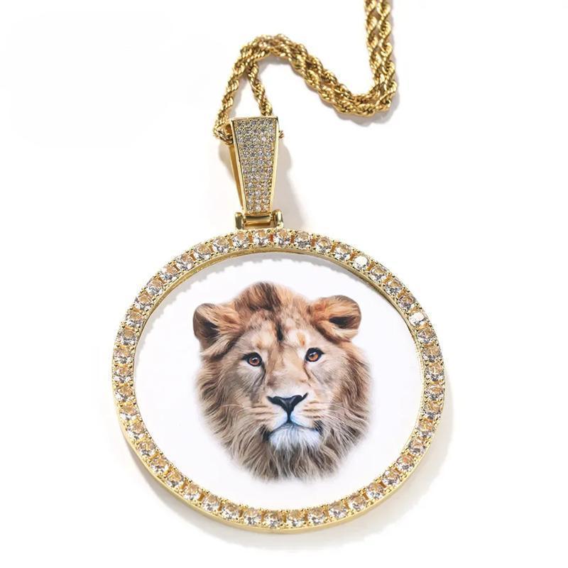 [ICE HUE]18K Gold Vacuum Plated Copper with 5A+ Sri Lanka Zircon DIY Custom Memory Round Colorful Photo Pendant With Necklace Miami Italy Mexico & Micro Inspired for Women & Men Jewelry,Daily