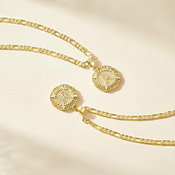 KissYan 14K Gold Plated Initial Necklace - Round Letter Pendant Cuban Link Chain (A-Z) | Unisex Casual Accessory