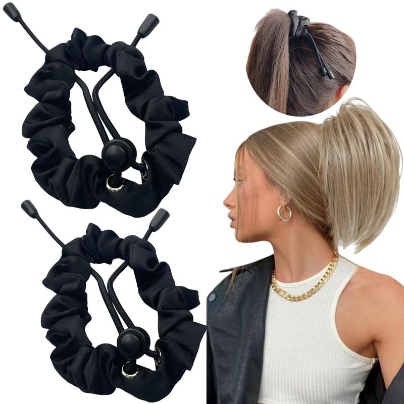 2 Pcs Women/Girls Adjustable Satin Scrunchies - Soft Silk-Like for Thick Curly 4c Natural Hair (Black)