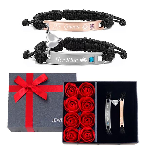 Couple Magnetic Heart Charm Bracelets - Rhinestone Decor, Rose Gift Box (1 Set) | Trendy BF/GF Jewelry for Birthdays
