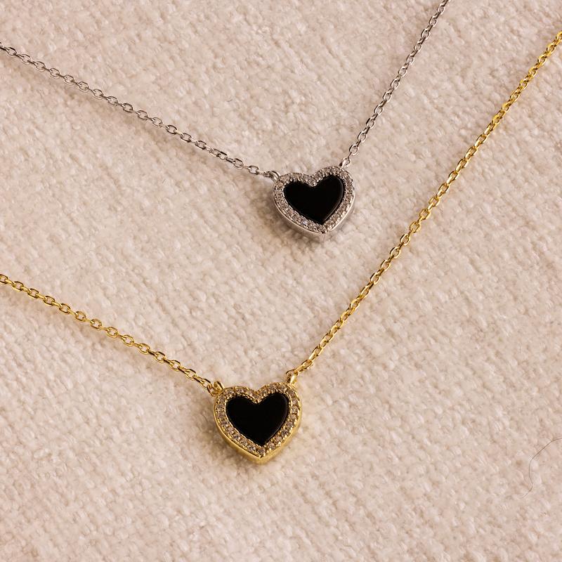 Caitlyn Minimalist Dainty Puff Heart Necklace - 18K Gold Plated Pave Black CZ | Girlfriend Gift