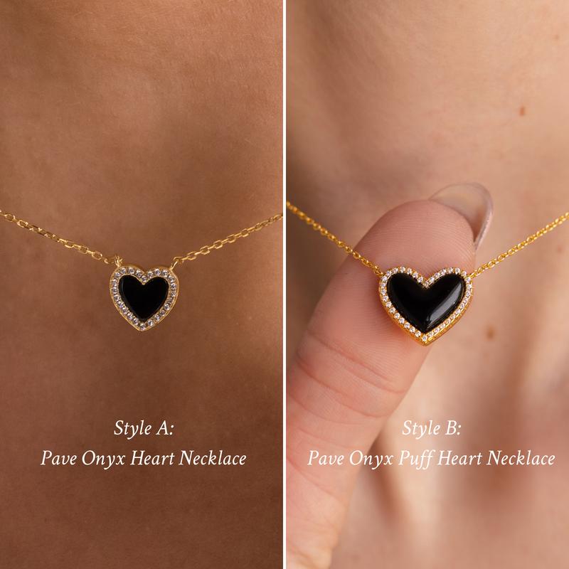 Caitlyn Minimalist Dainty Puff Heart Necklace - 18K Gold Plated Pave Black CZ | Girlfriend Gift