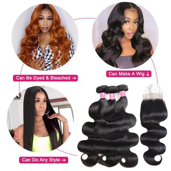 FallFreshness Body Wave Human Hair Bundles + 4x4 Lace Closure - Free Part Quick Weave 2x6 Option