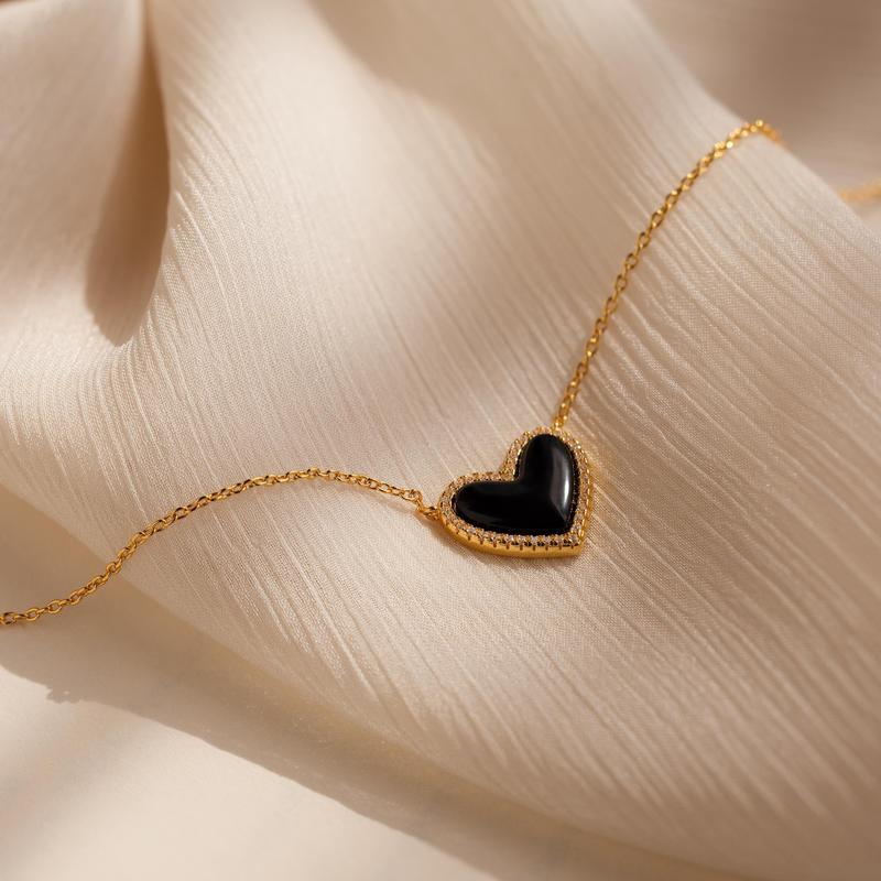 Caitlyn Minimalist Dainty Puff Heart Necklace - 18K Gold Plated Pave Black CZ | Girlfriend Gift
