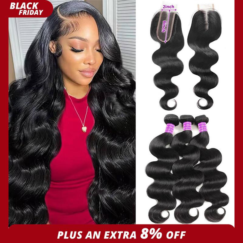 Virgin Human Hair Body Wave Bundles with 4x4/2x6 Lace Closure - 12-28 Inches TikTokShopBlackFriday
