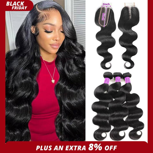 Virgin Human Hair Body Wave Bundles with 4x4/2x6 Lace Closure - 12-28 Inches TikTokShopBlackFriday