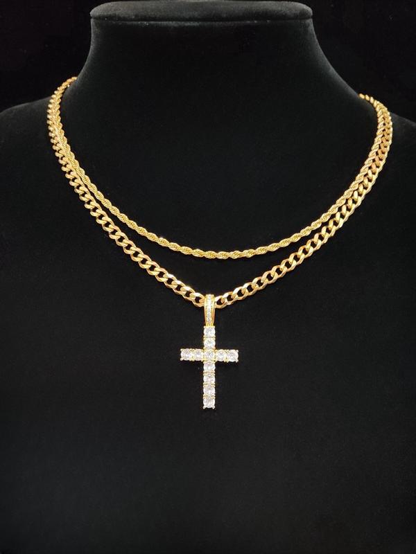 Unisex Hip Hop Rhinestone Cross Necklace – Stainless Steel Twist Chain | Daily/Gift Jewelry