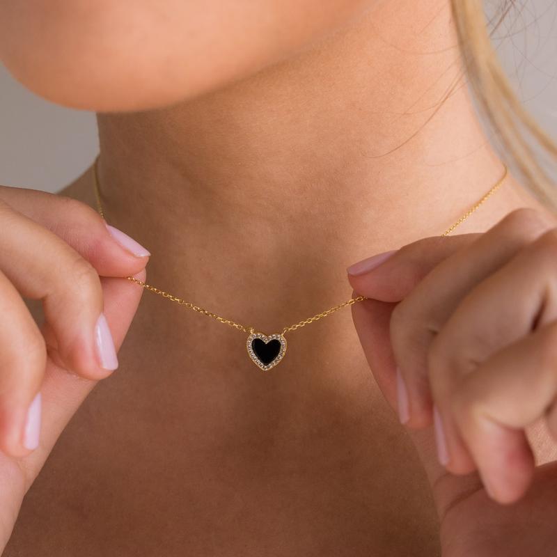 Caitlyn Minimalist Dainty Puff Heart Necklace - 18K Gold Plated Pave Black CZ | Girlfriend Gift