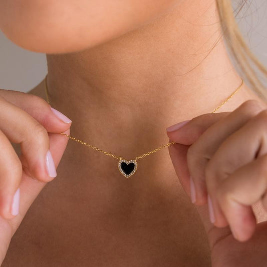 Caitlyn Minimalist Dainty Puff Heart Necklace - 18K Gold Plated Pave Black CZ | Girlfriend Gift