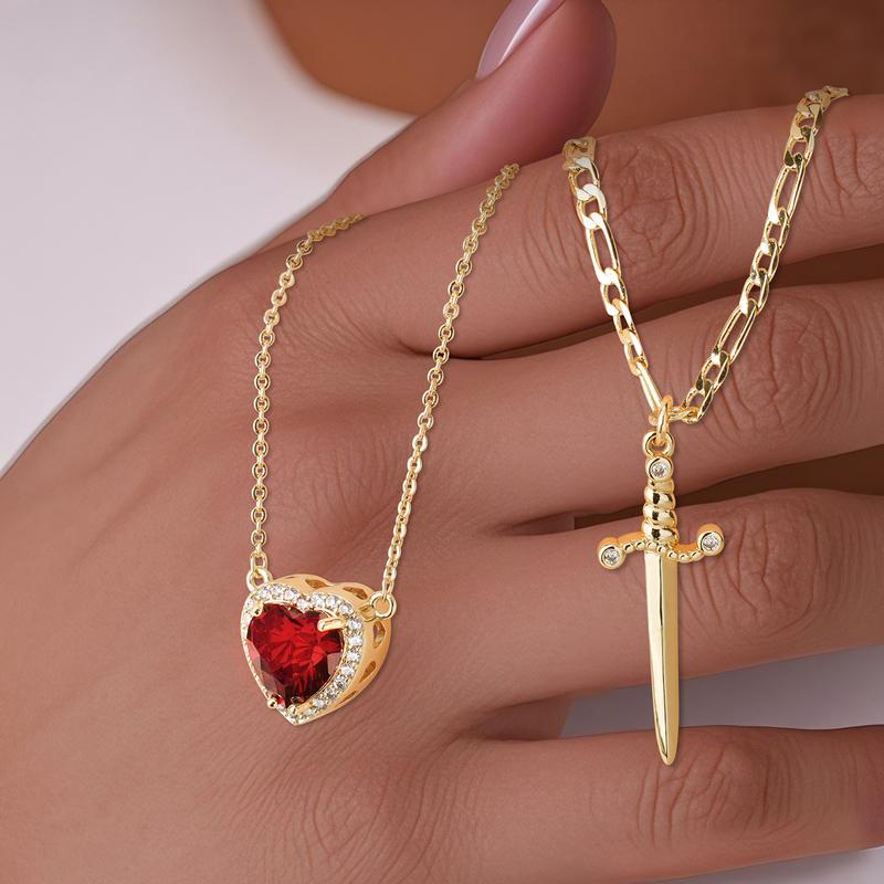 MEIITRUE 14K Gold Plated Heart & Dagger Cross Pendant - Zirconia Couple Gift