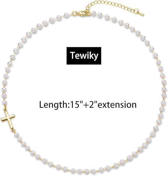 Tewiky Simple Dainty Cross Choker - Pearl Pendant 2" Extension Chain | Black Friday Christmas Gift