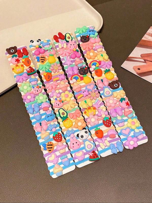 60-100 Pcs Random Color Cartoon Hair Ties - Cute Animal & Fruity Designs, Fashion Set for Women & Girls