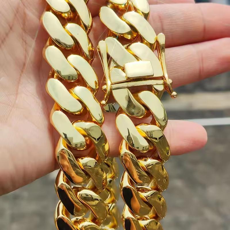 8-22mm Gold Plated Miami Cuban Link Chain - 16-30" Thick Stainless Steel Men's Hip Hop Necklace