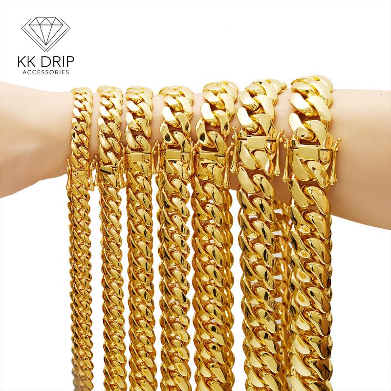 8-22mm Gold Plated Miami Cuban Link Chain - 16-30" Thick Stainless Steel Men's Hip Hop Necklace