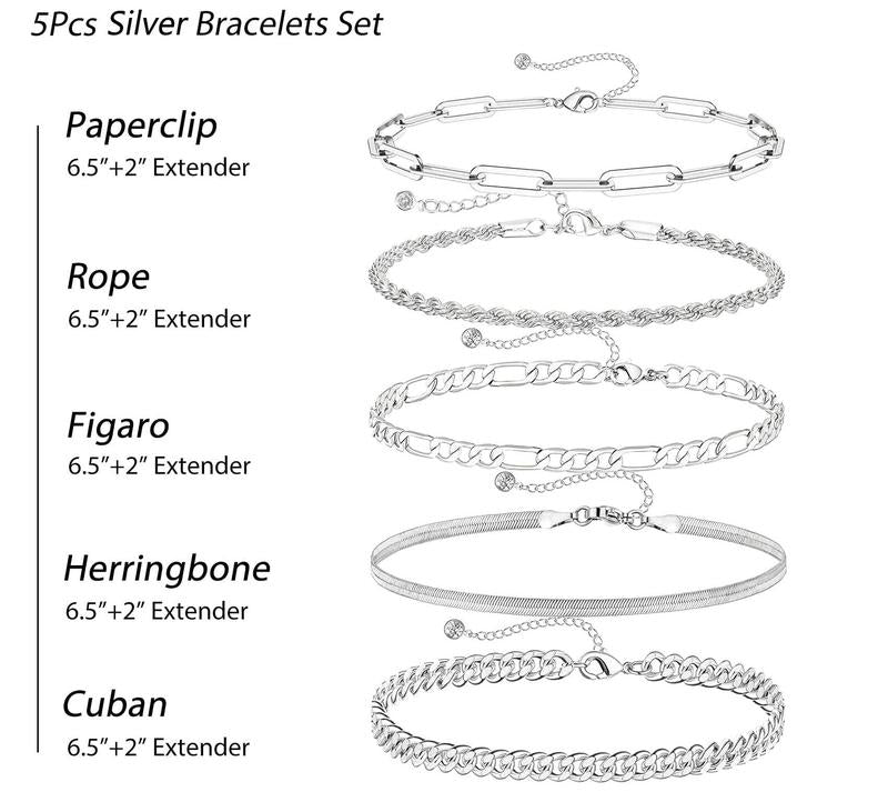 Tewiky Women's Bracelet Set - Thin Stackable Cuban Link & Paperclip Chain | Maximalist Gift