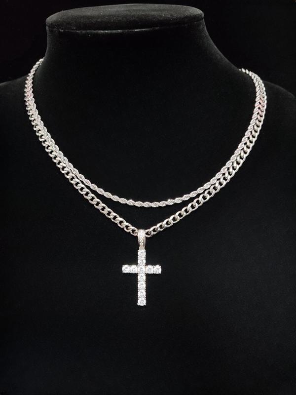 Unisex Hip Hop Rhinestone Cross Necklace – Stainless Steel Twist Chain | Daily/Gift Jewelry