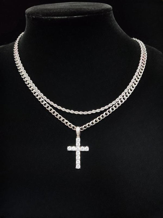 Unisex Hip Hop Rhinestone Cross Necklace – Stainless Steel Twist Chain | Daily/Gift Jewelry