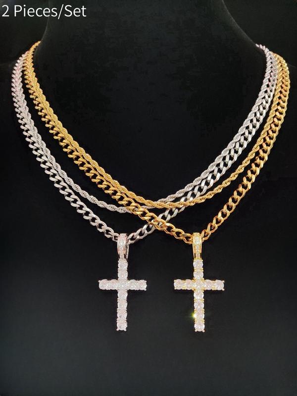 Unisex Hip Hop Rhinestone Cross Necklace – Stainless Steel Twist Chain | Daily/Gift Jewelry