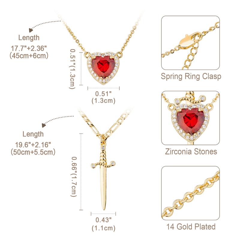 MEIITRUE 14K Gold Plated Heart & Dagger Cross Pendant - Zirconia Couple Gift