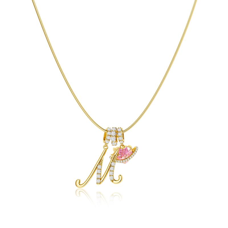 14K Gold Plated Initial Necklace for Women - Tewiky Triple Layer Snake Chain with Pink Heart Zircon Adjustable