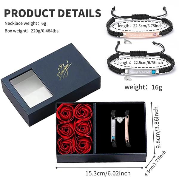 Couple Magnetic Heart Charm Bracelets - Rhinestone Decor, Rose Gift Box (1 Set) | Trendy BF/GF Jewelry for Birthdays