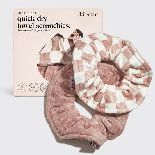 2pc Quick-Dry Microfiber Towel Scrunchies - Terracotta Checker Pattern