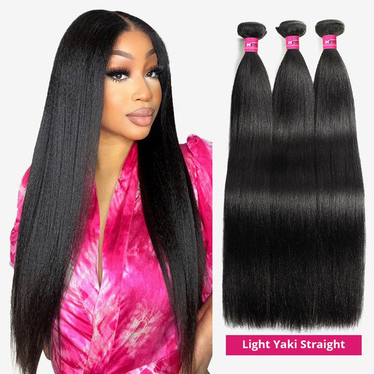 Light Yaki Straight Virgin Human Hair Bundles - Natural Color Quick Weave Extensions (1/3/4 Bundles, Black Friday)