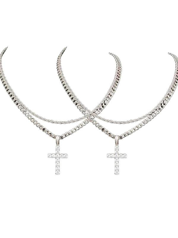 Unisex Hip Hop Rhinestone Cross Necklace – Stainless Steel Twist Chain | Daily/Gift Jewelry